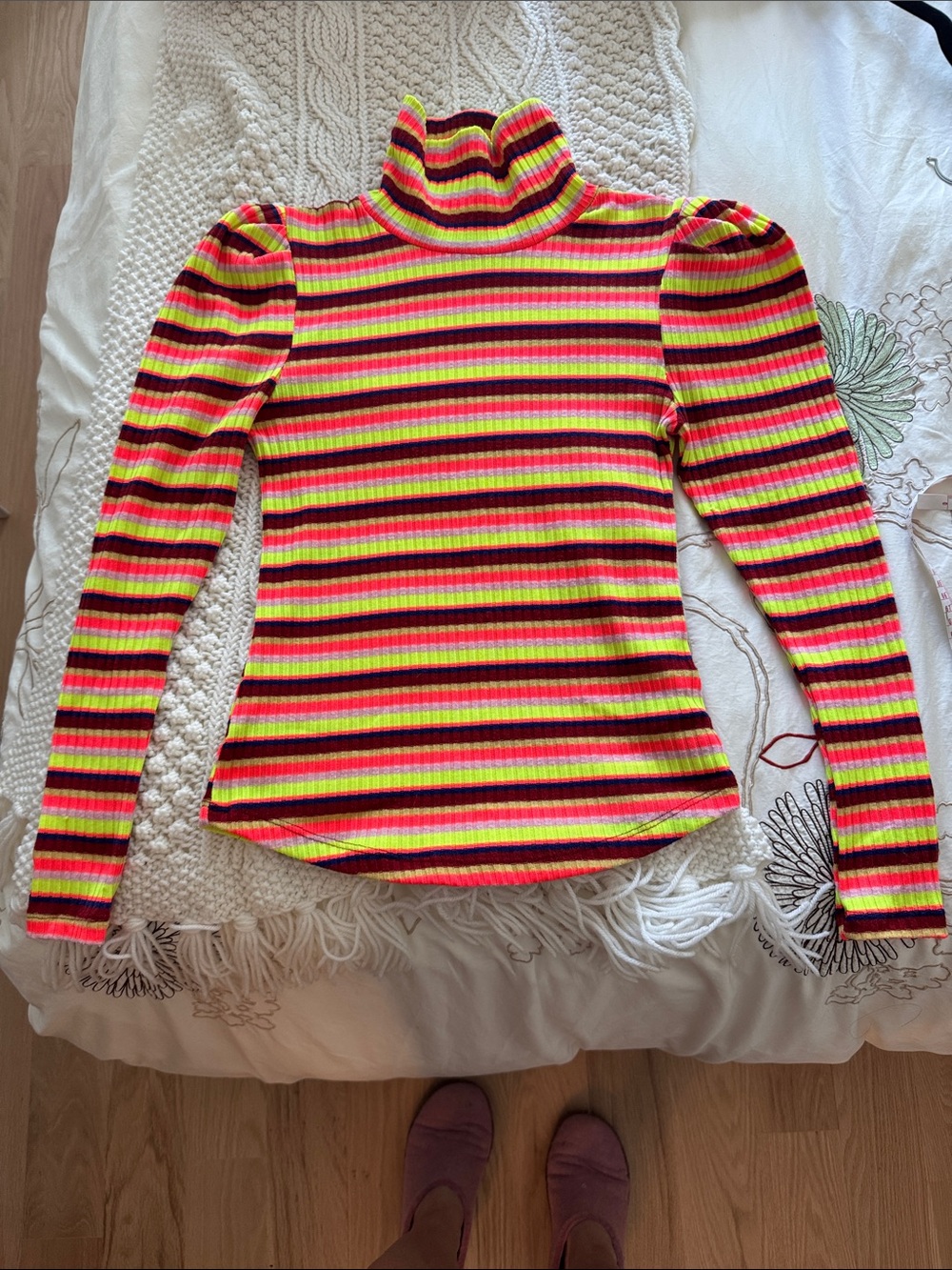Maeve Neon Striped Ribbed Turtleneck Long Sleeve Top